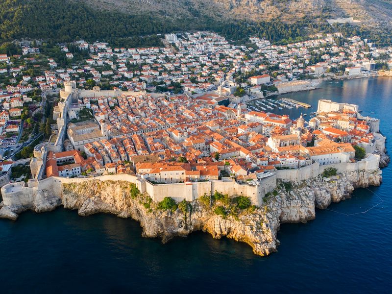 Golden hour drone shot of Dubrovnik, Croatia.